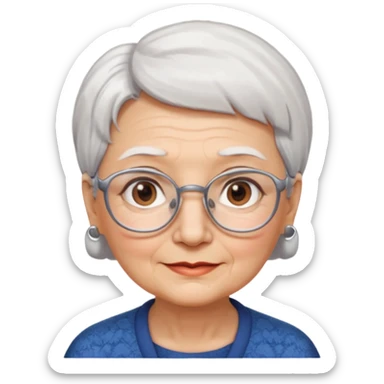 Create me emoji of an old lady. Short white hair to left side. Square glasses. Brown eyes. Rounded really big and really wide face. Wide nose.  sticker