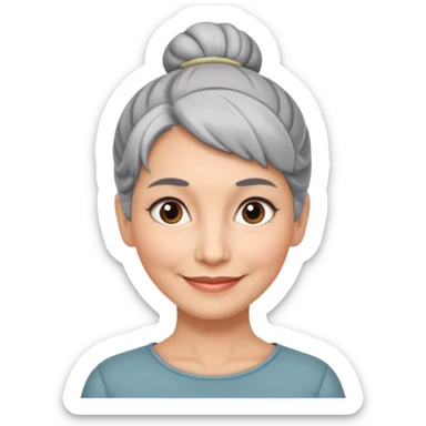 50 y.o. woman grey hair, subtle smile, hair in a bun  sticker