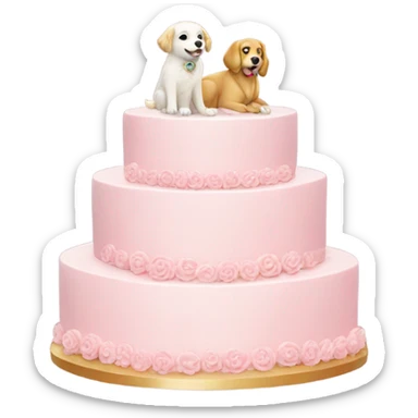 pink wedding cake with a golden retriever and white cat figures on top  sticker