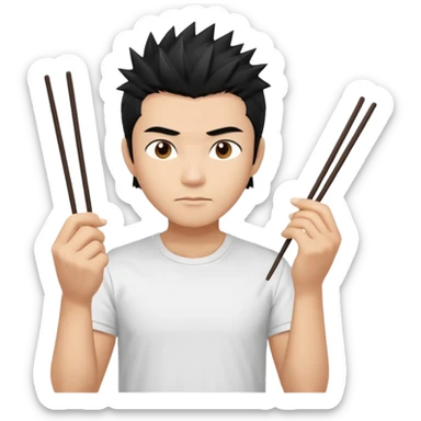 Make it a vietnamese male with spiky black hair hold ONE pair of chopsticks, t-shirt sticker