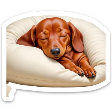 Cinematic Meme-Worthy Chubby Sleeping Red Dachshund Portrait Emoji, Head resting peacefully with a contented smile, showcasing a delightfully chubby, elongated build and a luxuriously soft red coat, eyes shut in a serene nap, Simplified yet hilariously adorable features, highly detailed, glowing with a soft, drowsy light, high shine, relaxed and utterly lovable, stylized with an air of playful laziness, bright and heartwarming, soft glowing outline, capturing the essence of a comically sleepy companion, so meme-worthy it feels like it could instantly become the next viral sensation of adorable slumber! sticker
