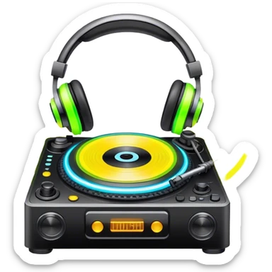 Create a dynamic and modern emoji that represents electronic music and DJing. The design should feature a turntable, DJ headphones, and glowing sound waves or a waveform, symbolizing the energy of mixing and electronic beats. Incorporate vibrant neon colors (e.g., electric blue, neon pink, or green) to represent the futuristic and pulsating nature of electronic music. The background should be transparent, with subtle details of flashing lights or abstract patterns to evoke the nightclub or festival atmosphere. sticker
