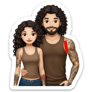 a pretty bratz fair girl with black long curly hair in a brown tank top with tattoos standing with a handsome tattooed tall guy sticker
