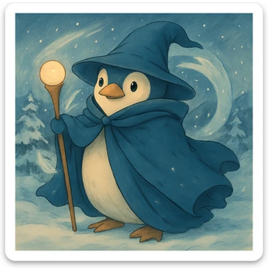 Add a snowy landscape background behind the ghibli style penguin wizard, keep all original colors and style sticker