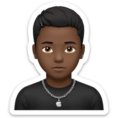 Generate a emoji of a black boy with dark skin, wearing a black compressed T-shirt, with short 4C black hair and make him wearing a silver chain, and make the chain thin sticker