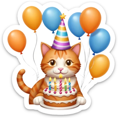 Ginger cat celebrates birthday, birthday hat, birthday cake, balloons, happy sticker