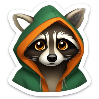 brown raccoon with orange eyes and a dark green hood that is crying sticker