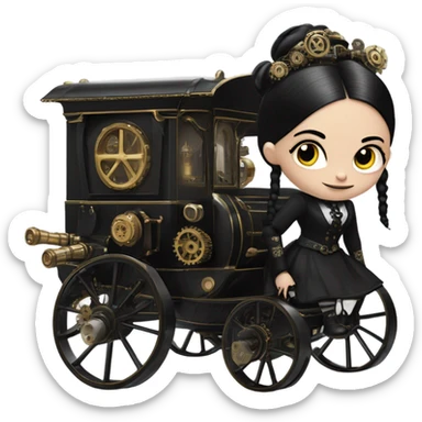 Wednesday Addams riding in a bright steampunk electric wagon sticker