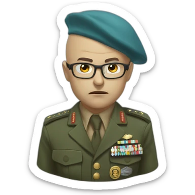 Realistic cyan beret bald very furious general with glasses no hair furious very angry frown with khaki uniform sticker