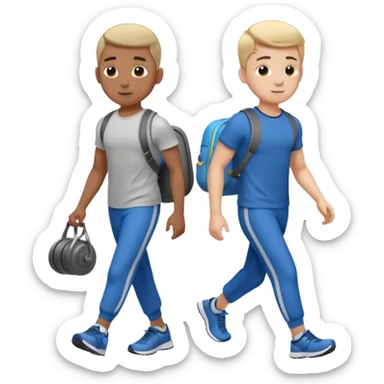two boys walking, wearing gym clothes and carrying gym equipment, full body sticker