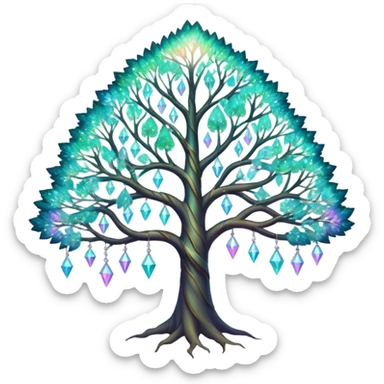 Spiritual magical ethereal iridescent tree with crystals hanging in it sticker