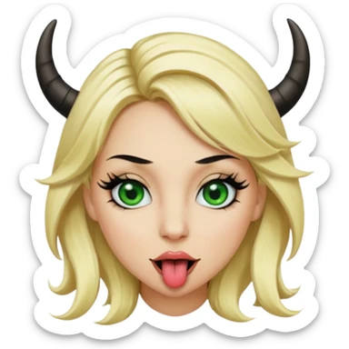 Emoji femme blonde cheveux blond, yeux vert avec de long cils noir qui tire la langue et à des cornes  sticker