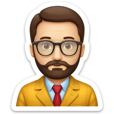 Un profesor calvo, que tenga barba abundante, lleva gafas con el cristal de color amarillo y un abrigo de cuadros rojo sticker