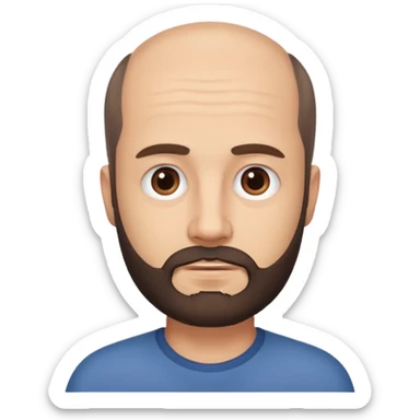 semi balding man with short hair and has a beard. dark brown eyes and brown beard. no wrinkles on face, he still looks young  sticker