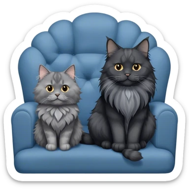 A large black smoke Maine Coon cat with long grey ear tufts and a fluffy grey ruff, sitting next to a chubby British Shorthair cat in blue color with plush fur, both sitting comfortably on a sofa. Beautiful room background with flowers and soft lighting. Transparent background. sticker