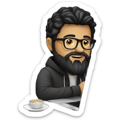 Designer with black hair, beard and glasses working with MacBook and drinking cappuccino  sticker