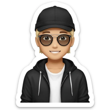 Portrait of a male K-pop idol, wearing a stylish streetwear outfit with layered clothing, makeup, wearing a black cap, happy, sunglasses sticker