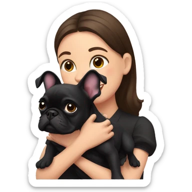 Brunette hugs a black French bulldog with a pink bow sticker