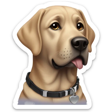 A black lab dog that has a collar that that says Gus sticker