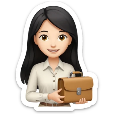 a light tan woman with long black hair past mid-back, round brown eyes, white button up shirt. holding manila case files in her hands. sticker