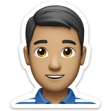 The person in the image is a young man with short, dark hair. He is wearing a blue polo shirt with white and blue stripes on the collar and sleeves. He has his arms crossed and is wearing a black watch on his left wrist. The background is plain white. sticker