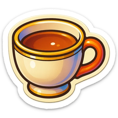 Hermès-style ceramic cup of tea, minimal design, Hermès orange handle, gold rim, cute emoji style, alternate angle, on white or transparent background sticker