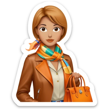 Elegant and tan woman wearing a leather Hermes jacket and a multicolored silk scarf around her neck. She has an orange Hermes Birkin Bag. I want the image to be close up, starting from the waist up.  sticker