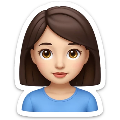 3D emoji sticker of a cute girl, Apple Memoji style, dark brown hair, brown eyes, long eyelash extensions, soft facial features, clean white background, smooth lighting, high quality, cute and friendly expression sticker