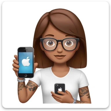 3D emoji character in Apple iPhone style, brown hair, wearing stylish glasses, white tattoo on the arm, holding an iPhone in one hand, cute and friendly expression, smooth and shiny skin, minimalistic design, high quality, vibrant colors, realistic lighting, isolated on white background sticker