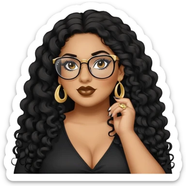 big plus size, latina, darker tan skin, long black curly hair, baddie,pretty, makeup, lipgloss, black eyeliner, long hair, stud gold earrings, black top, black glasses sticker