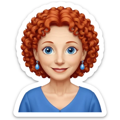 una profesora mayor simpática con el pelo rojo rizado, ojos azules, vestido azul y pendientes azules hablando altura completa sonriendo sticker