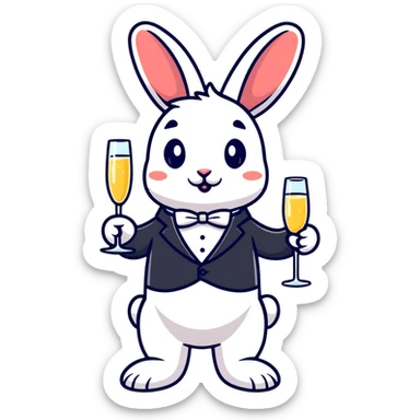 fancy rabbit in evening attire with champagne glass celebrating sticker