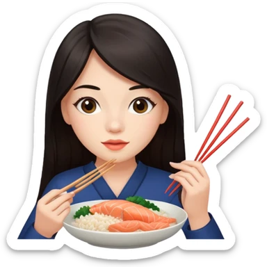 chica joven con piel clara y pelo oscuro largo comiendo un plato de arroz con salmón  sticker