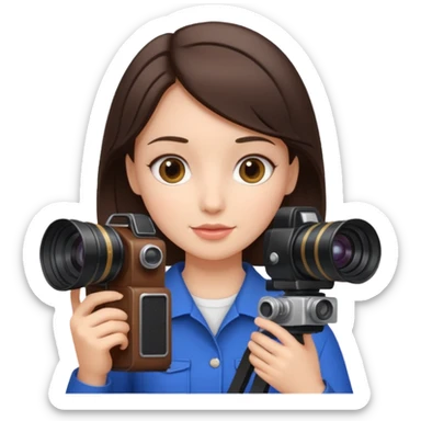 A brunette girl , she’s a proud and successful filmmaker 🍿🌍✨ she’s next to a camera, / holding awards  sticker