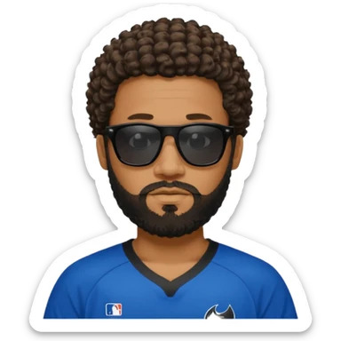 Black man with black sunglasses and curly short
 hair with a full beard and sideburns in a mavericks jersey sticker