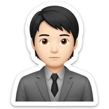 asian young man with mid-long black hair middle part haircut in grey blazer and black t-shirt  sticker
