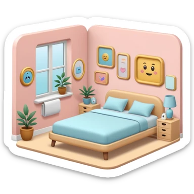 cozy clean room with neatly organized objects, simplified human character standing peacefully, feeling satisfied and calm, sense of order and balance, flat custom emoji sticker, pastel colors, rounded shapes, minimal details, thick outline, white background, no text sticker