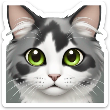 Fluffy diluted calico cat with face half grey and half white green eyes  sticker