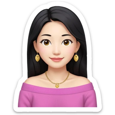 South Korean girl in her mid-thirties with long black hair and a middle part. She is wearing a pink colored, off the shoulder long sleeve knit sweater. She has small gold earrings and a gold necklace. She has brown eyes with narrow, mono lid shape and smiling with lips together sticker