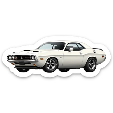 White 1971 Dodge Challenger with precise structure and proportions, consistent 30-degree angle view, showing detailed front fender and side profile, pure white color, iOS emoji style sticker