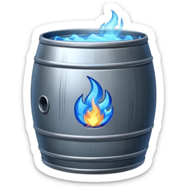 generate a realistic rust-free metal barrel with blue fire on it sticker