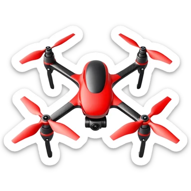 Racing drone sticker, fast FPV drone, sporty design, red and black color, dynamic pose, motion effect lines, flat vector style, bold outline, transparent background sticker