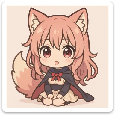 Shikoku from Chained Soldier, kawaii style, cute big eyes, chibi proportions, soft colors sticker