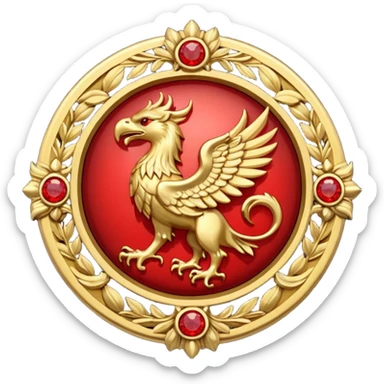 Golden griffin crest / brosch in a circle with red gems and no background sticker