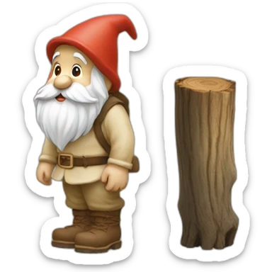 side view of gnome with light tan pants and light tan boots squatting next small brown log sticker