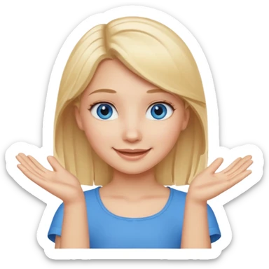 girl with blonde hair and blue eys with heands telling what  sticker