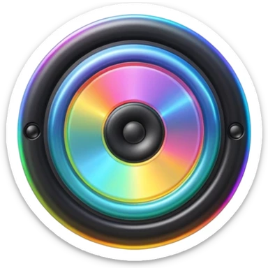 A speaker emoji 🔊 with a smooth CD-like surface that reflects rainbow iridescent colors, glowing RGB light ring around the edge, shiny plastic body, prismatic reflections shifting across the front, soft sparkles and light gleams, holographic sheen, clean simple shape, bright colorful highlights sticker