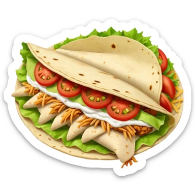 Create a shredded chicken taco with a flour tortilla and with tomato and lettuce as toppings sticker
