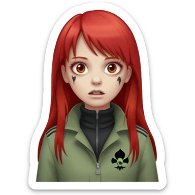 Crie um emoji de uma menina zumbi  com o cabelo vermelho longo com uma franja reta casaco de gola alta da adidas sticker