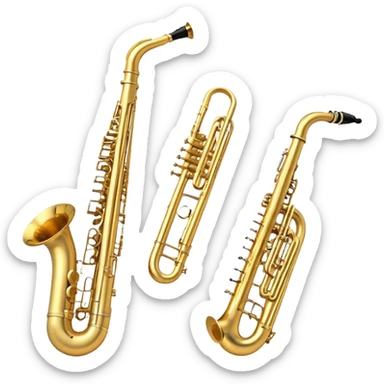 Create a professional, harmonious emoji collage symbolizing wind instruments. The design should include a trumpet, saxophone, trombone, flute, and French horn, all arranged in a balanced and visually pleasing way. The trumpet should have a shiny brass finish with a gleaming bell, the saxophone should have smooth curves and a golden body. The trombone should feature a prominent tuning slide and large bell, while the flute should be sleek and silver with visible keys. The French horn should have a coiled design and wide bell. The instruments should be in metallic gold, silver, and brass tones, with subtle reflections to convey a professional and polished appearance. Add soft musical notes or soundwaves to surround the instruments, creating a sense of movement and sound. The background should be transparent, ensuring all instruments are the focus and the composition remains harmonious and balanced. sticker